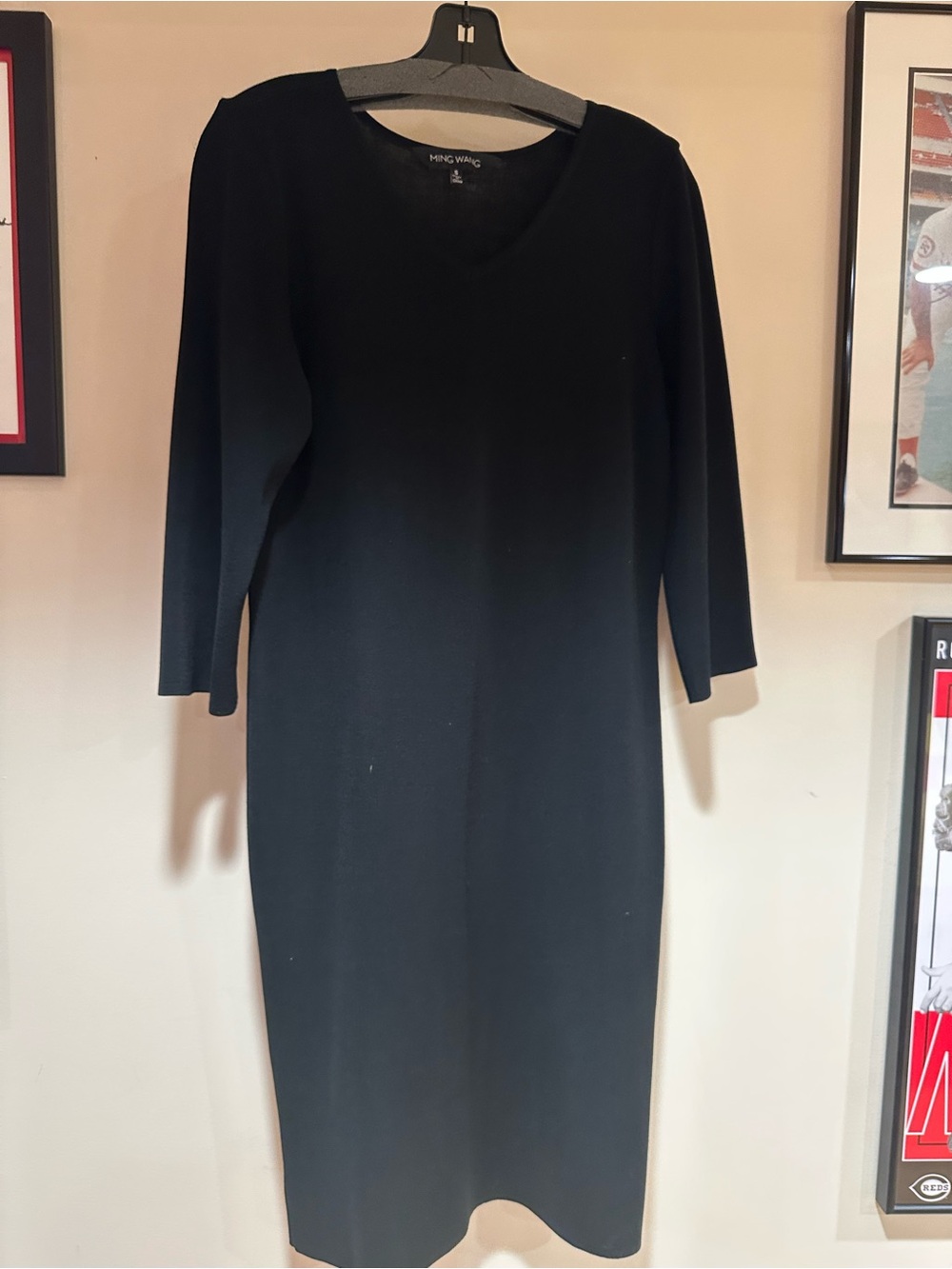 Ming Wang Black Knit V Neck Midi Dress Size Small